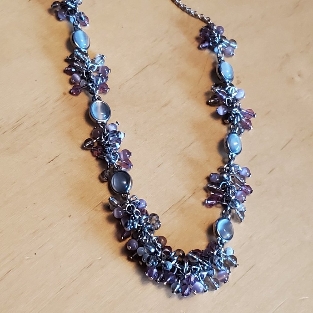 20" Silver Tone Cat's Eye Cluster Bead Necklace